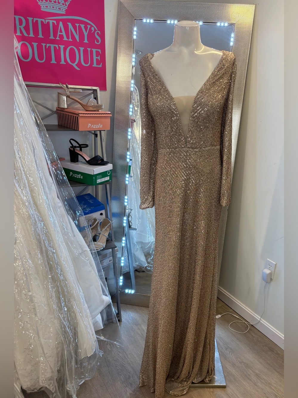 Christina Wu Hazelnut Sequin Long Sleeve V-Neck Gown